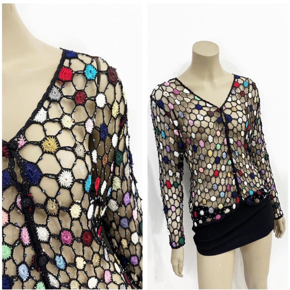 Eclectic grandpa, boho, vintage colorful crochet cardi